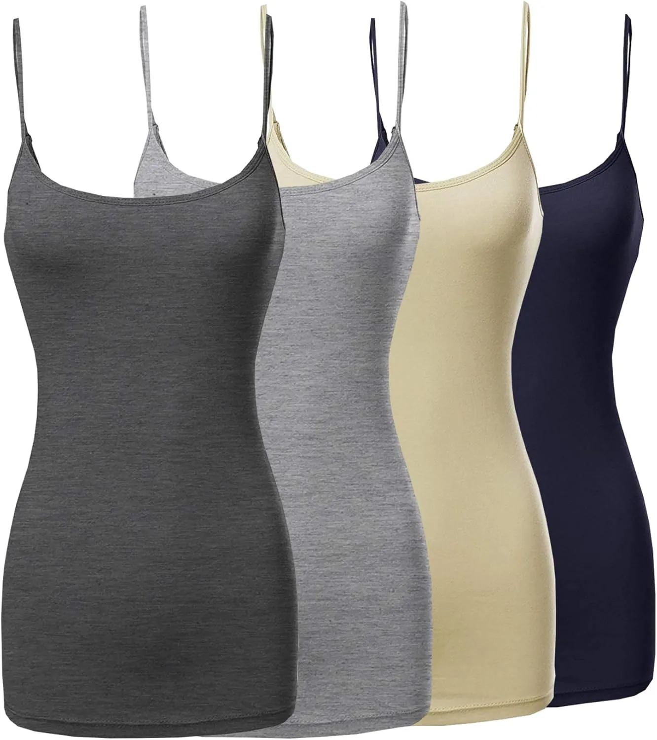 The Lovely Womens & Juniors Basic Solid Long Length Adjustable Spaghetti Strap Tank Top - 4 Pack