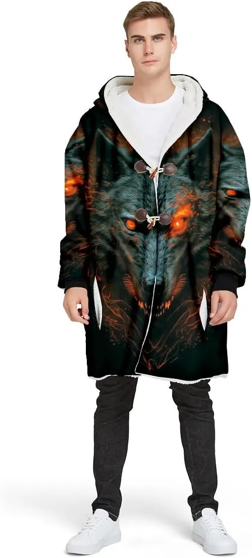 Thick Warm Hooded Cloak For Men Fenrir Wolf Valknut Tattoo Overcoat Coat Windproof Fleece Jacket