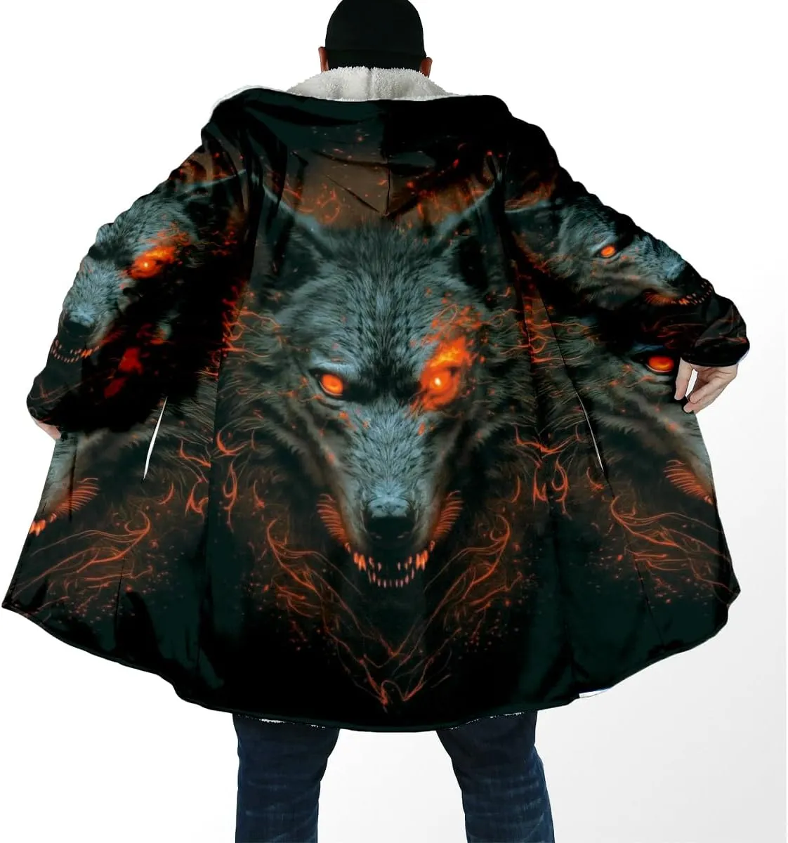 Thick Warm Hooded Cloak For Men Fenrir Wolf Valknut Tattoo Overcoat Coat Windproof Fleece Jacket
