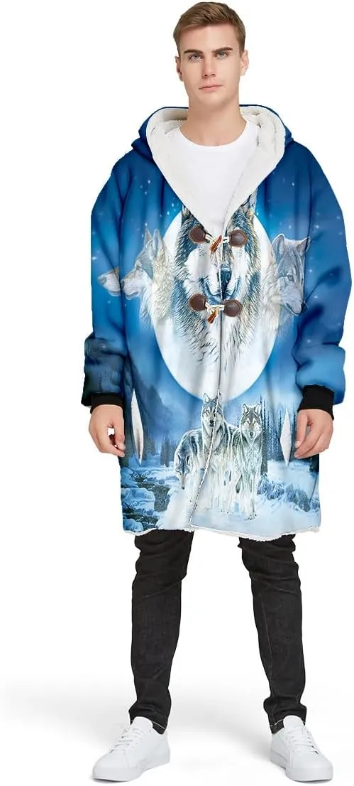 Thick Warm Hooded Cloak For Men Fenrir Wolf Valknut Tattoo Overcoat Coat Windproof Fleece Jacket