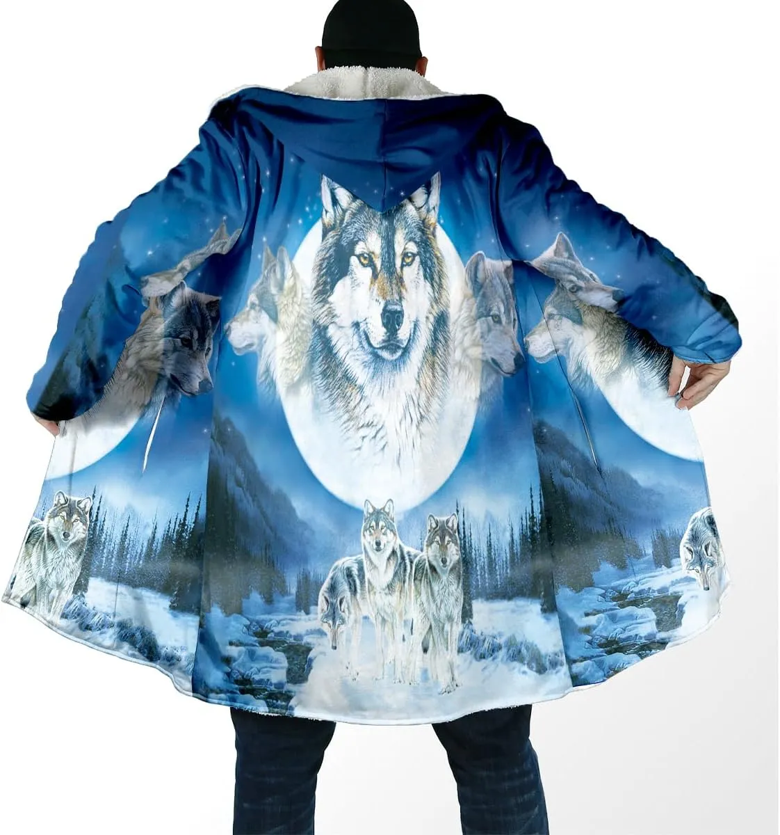 Thick Warm Hooded Cloak For Men Fenrir Wolf Valknut Tattoo Overcoat Coat Windproof Fleece Jacket
