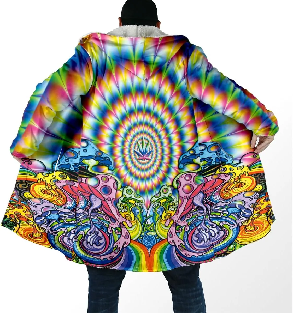 Thick Warm Hooded Cloak For Men Trippy Psychedelic Mushroom Fungus Overcoat Coat Windproof Fleece Jacket