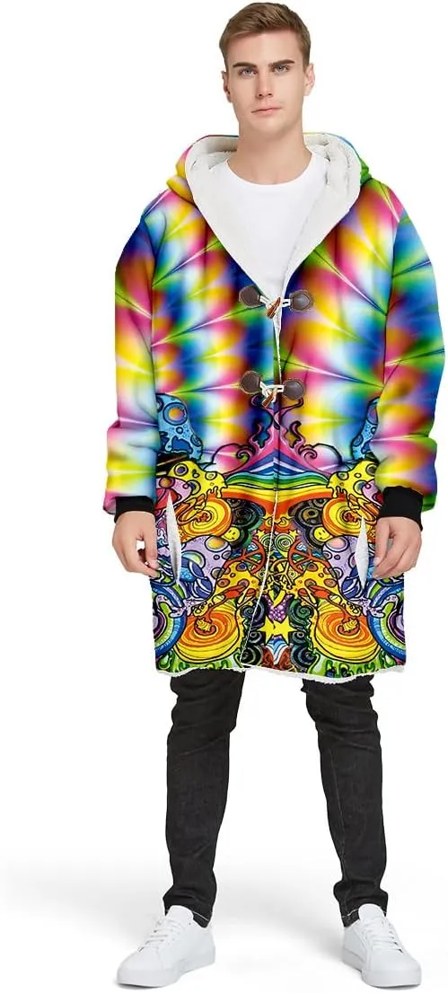 Thick Warm Hooded Cloak For Men Trippy Psychedelic Mushroom Fungus Overcoat Coat Windproof Fleece Jacket