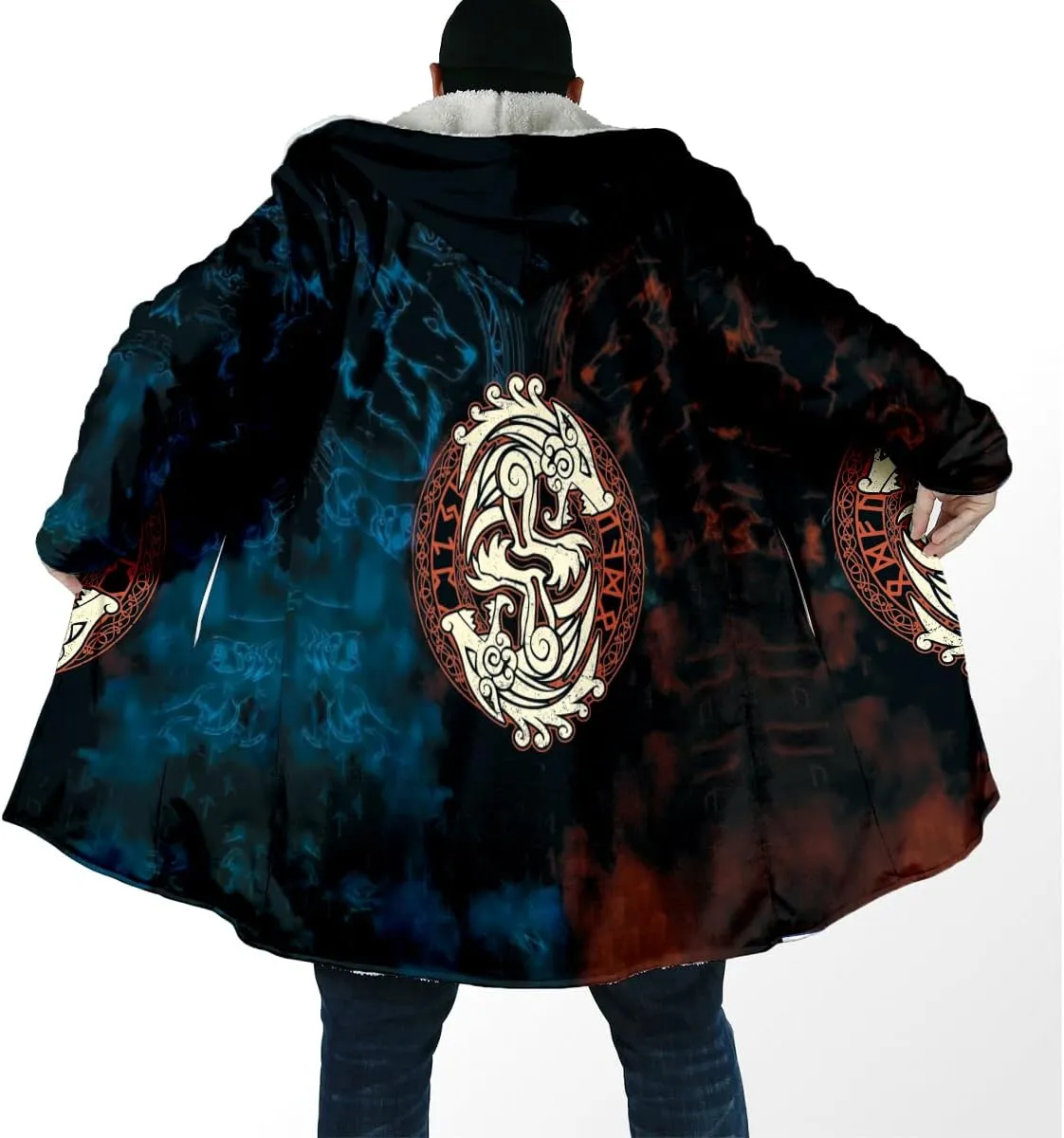 Thick Warm Hooded Cloak For Men Viking Wolf And Rave Tattoo Overcoat Windproof Fleece Jacket