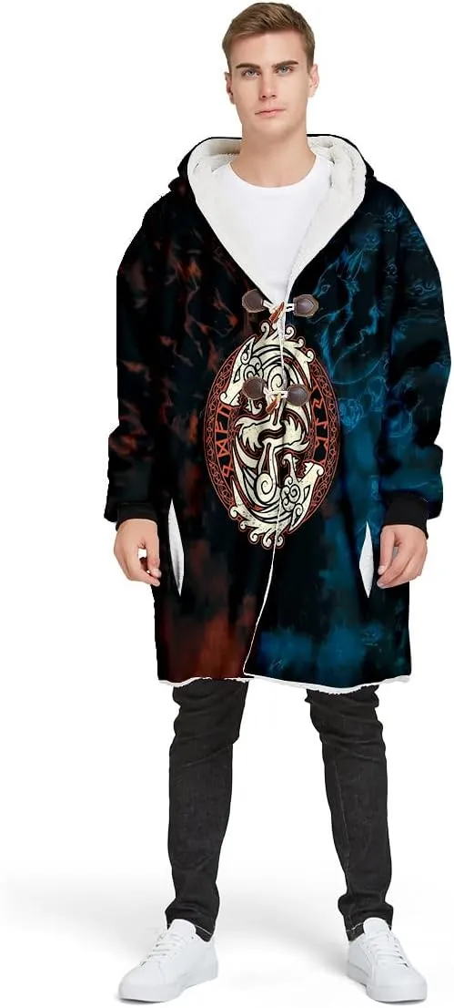 Thick Warm Hooded Cloak For Men Viking Wolf And Rave Tattoo Overcoat Windproof Fleece Jacket