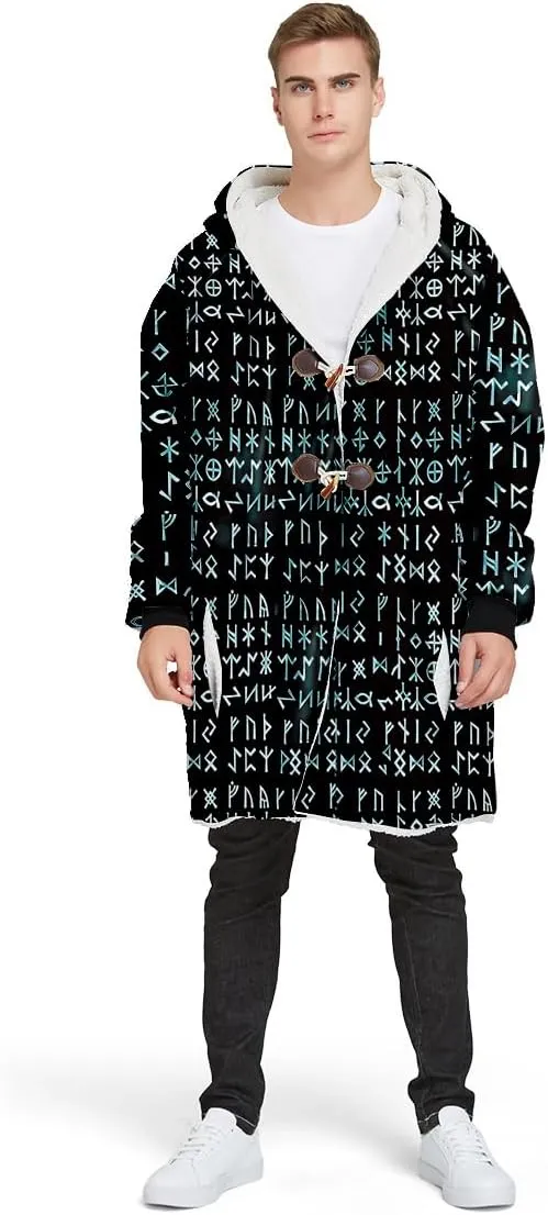 Thick Warm Hooded Cloak Men Tattoo Symbol Viking Armor Overcoat Coat Windproof Fleece Jacket