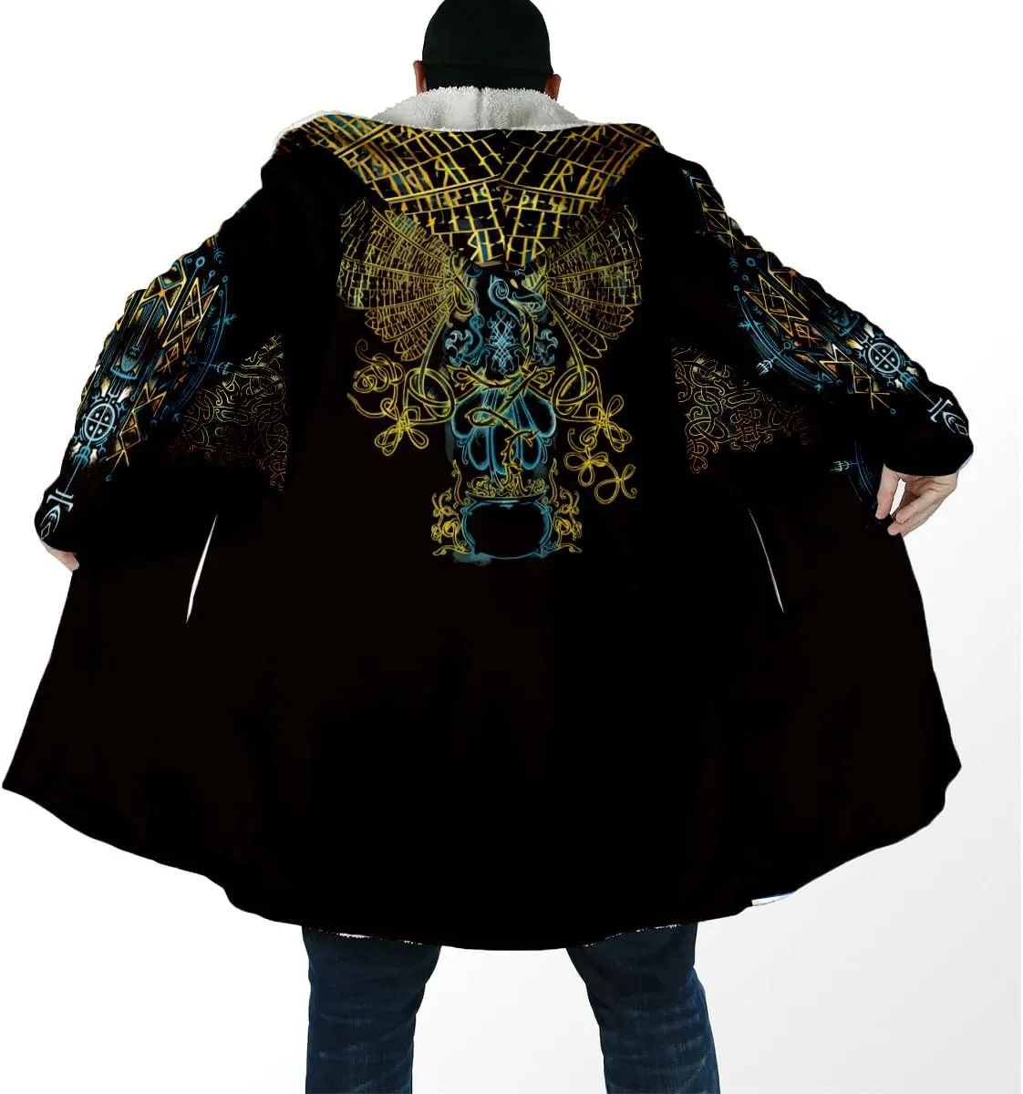 Thick Warm Hooded Cloak Men Tattoo Symbol Viking Armor Overcoat Coat Windproof Fleece Jacket