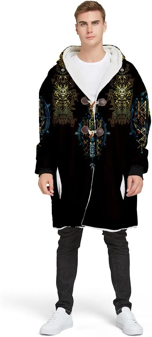 Thick Warm Hooded Cloak Men Tattoo Symbol Viking Armor Overcoat Coat Windproof Fleece Jacket