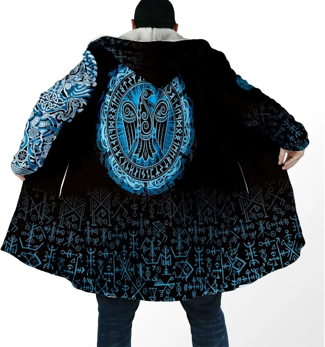 Thick Warm Hooded Cloak Men Tattoo Symbol Viking Armor Overcoat Coat Windproof Fleece Jacket