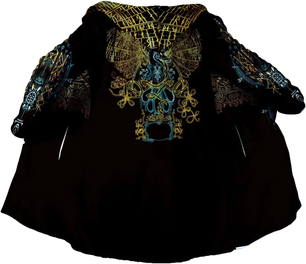 Thick Warm Hooded Cloak Men Tattoo Symbol Viking Armor Overcoat Coat Windproof Fleece Jacket