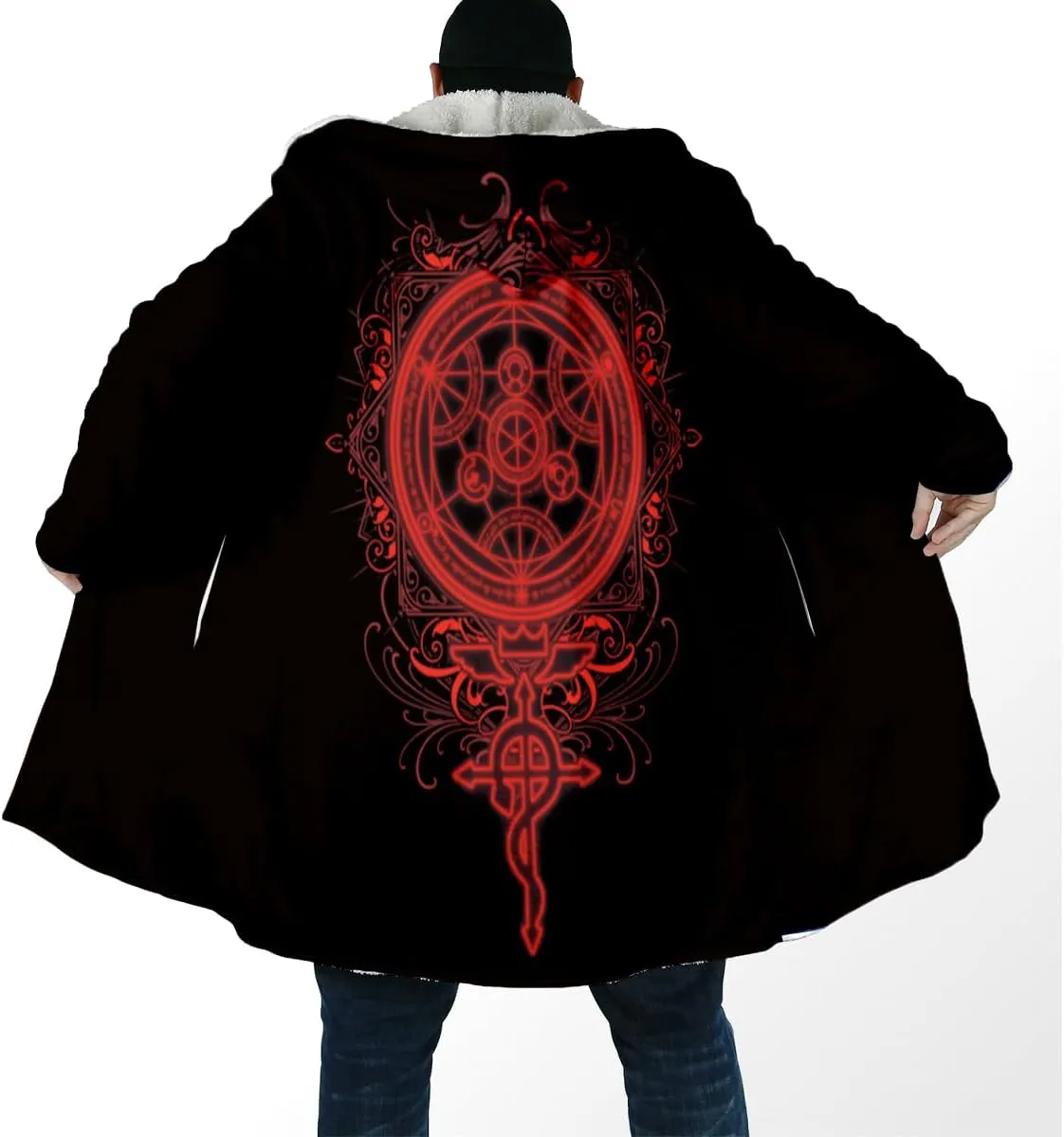 Thick Warm Hooded Cloak Men Tattoo Symbol Viking Armor Overcoat Coat Windproof Fleece Jacket
