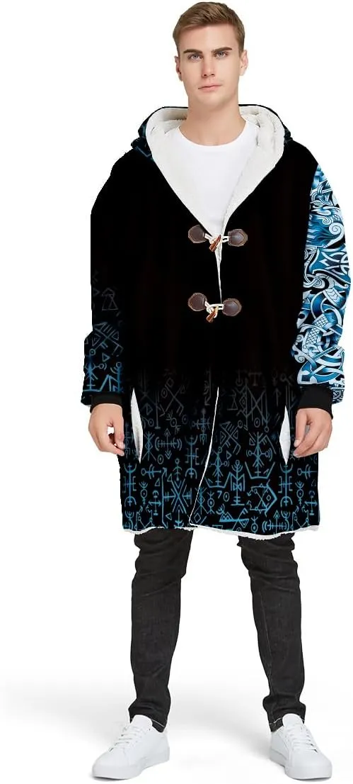 Thick Warm Hooded Cloak Men Tattoo Symbol Viking Armor Overcoat Coat Windproof Fleece Jacket
