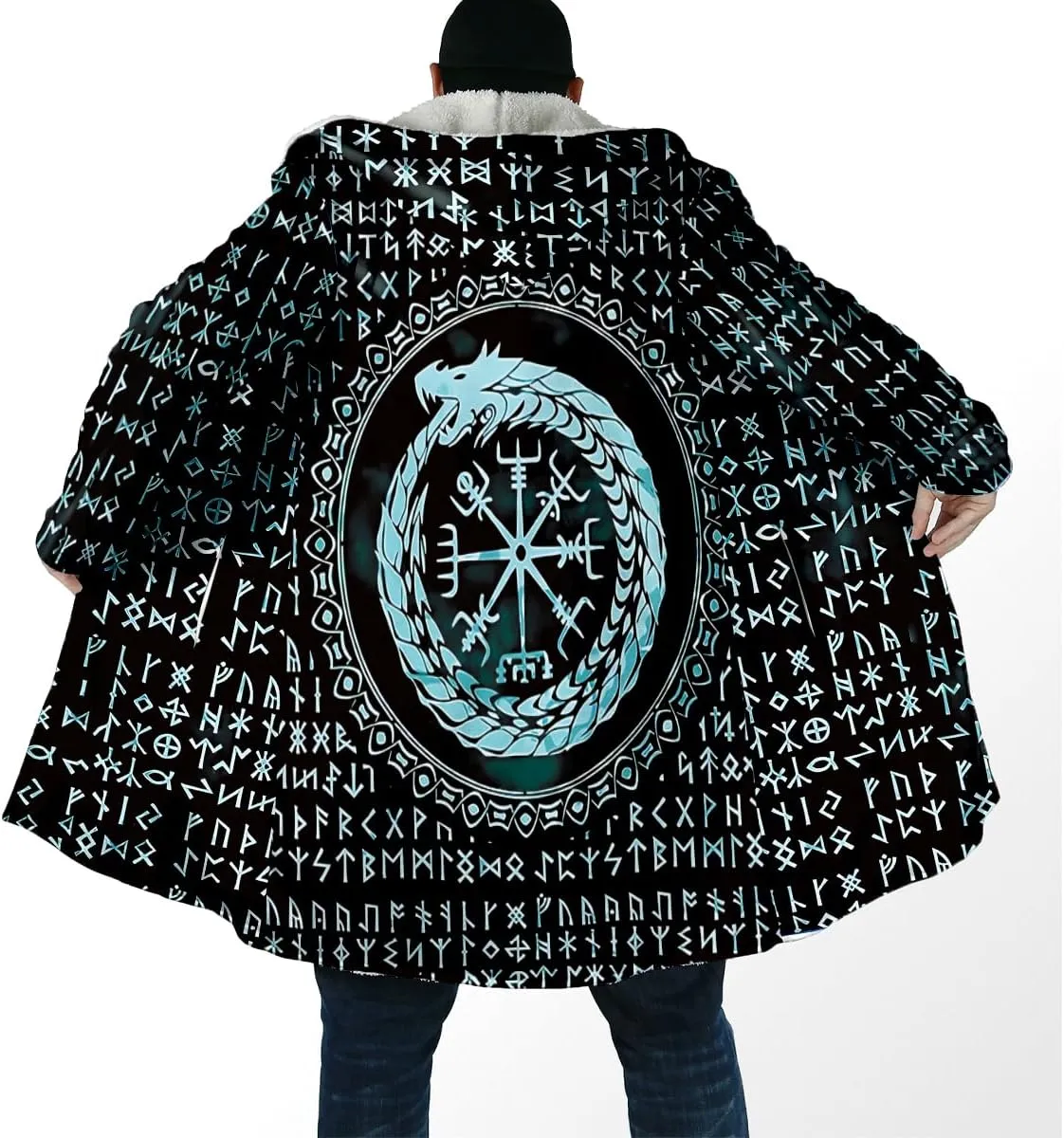 Thick Warm Hooded Cloak Men Tattoo Symbol Viking Armor Overcoat Coat Windproof Fleece Jacket