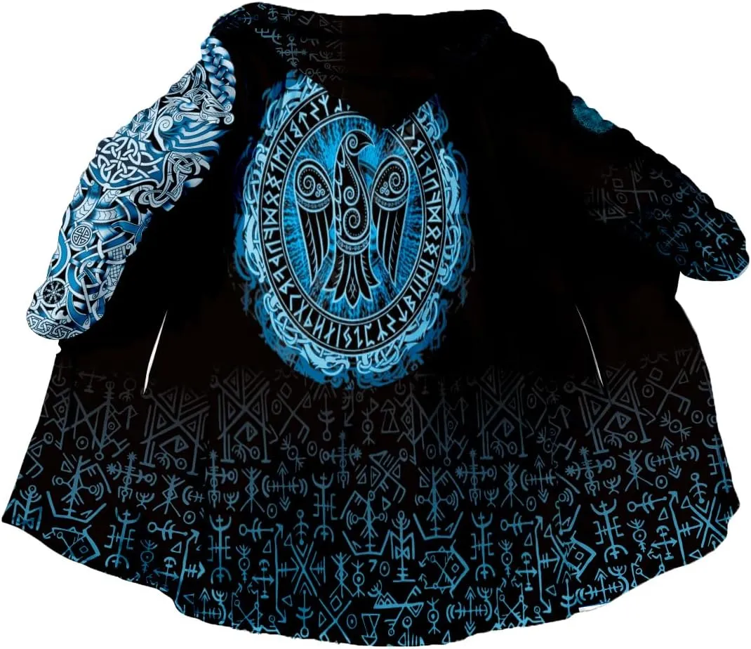 Thick Warm Hooded Cloak Men Tattoo Symbol Viking Armor Overcoat Coat Windproof Fleece Jacket