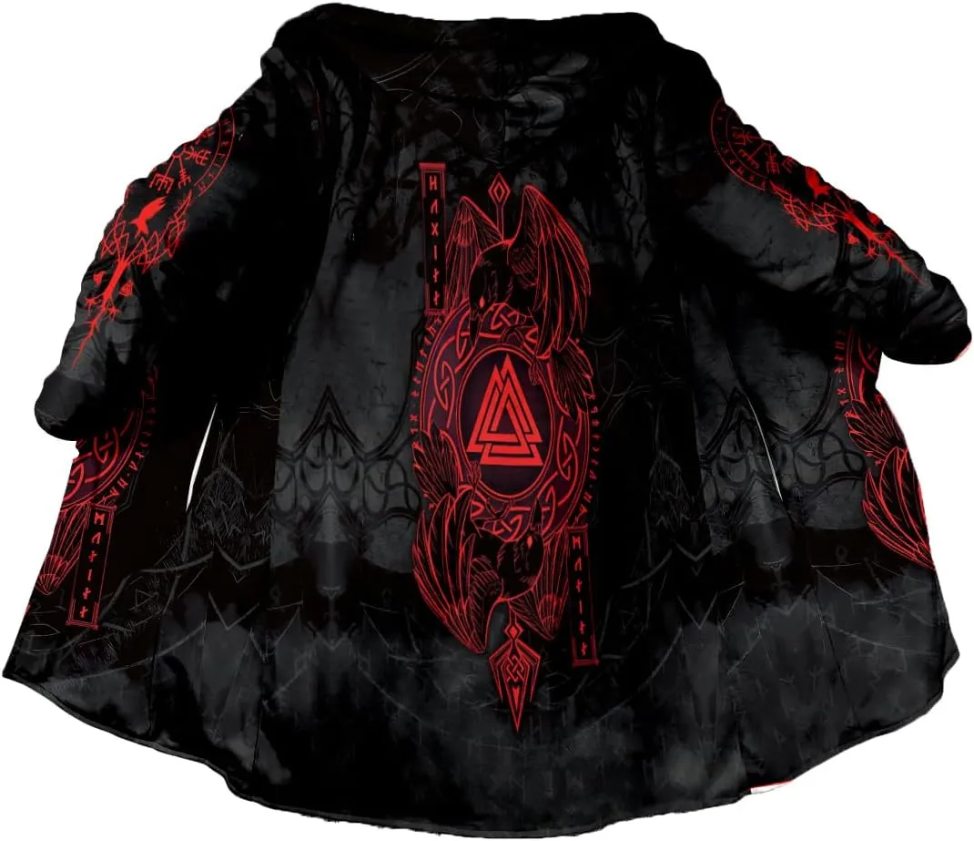 Thick Warm Hooded Cloak Men Tattoo Symbol Viking Armor Overcoat Coat Windproof Fleece Jacket