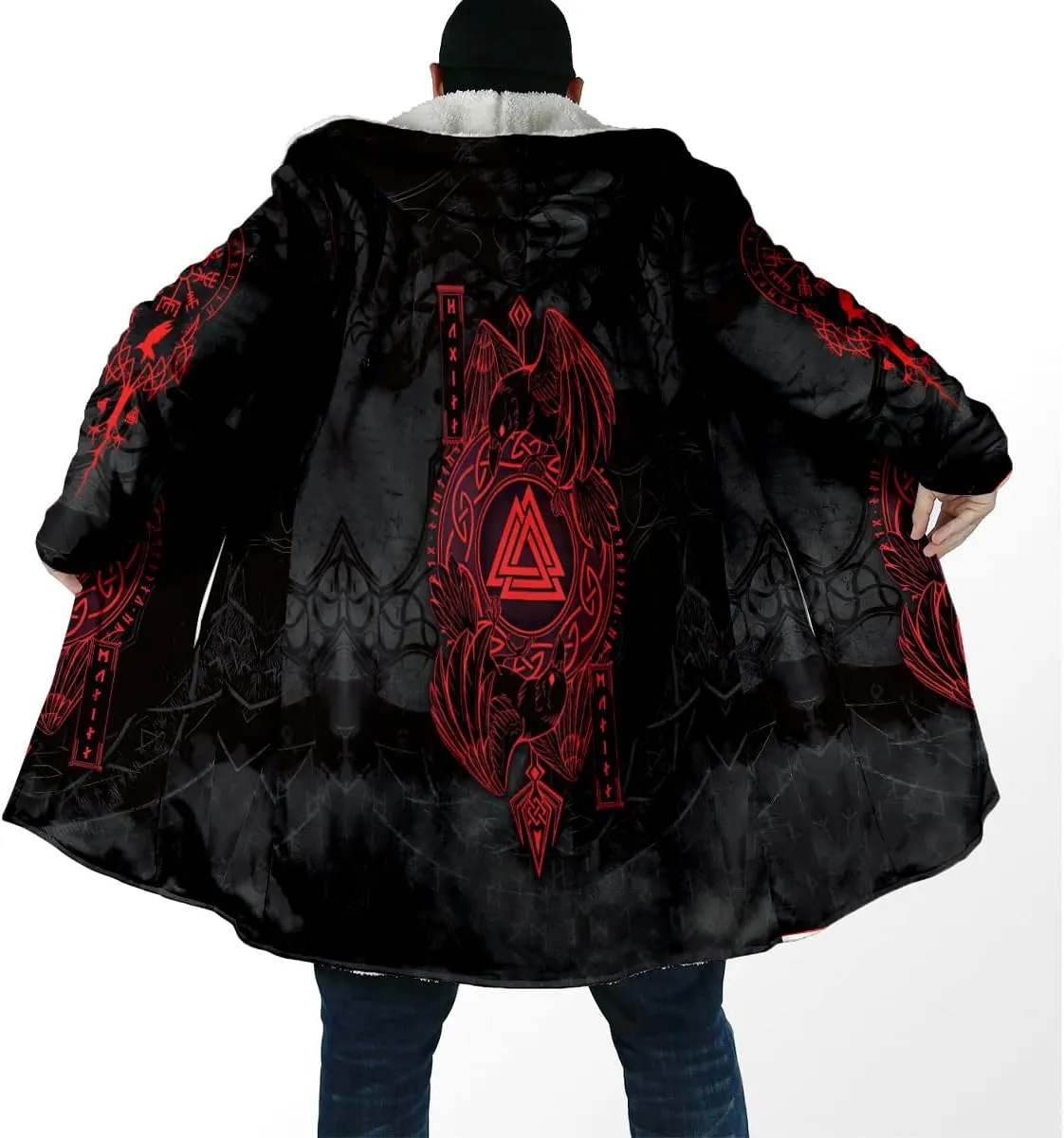 Thick Warm Hooded Cloak Men Tattoo Symbol Viking Armor Overcoat Coat Windproof Fleece Jacket