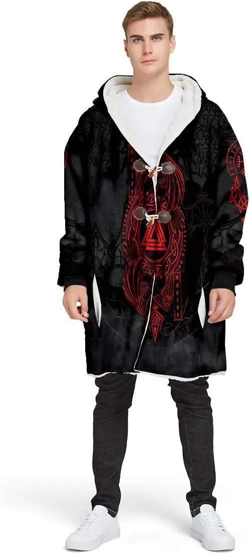 Thick Warm Hooded Cloak Men Tattoo Symbol Viking Armor Overcoat Coat Windproof Fleece Jacket