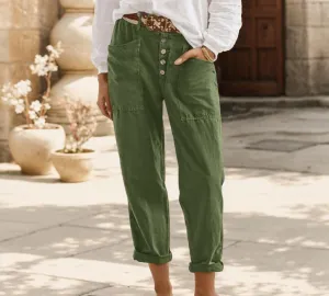 TIAFORD Women Cotton Linen Pant High Waist Button Up Wide Leg Long Pant Summer Loose Beach Lounge Capri Trousers with Pocket