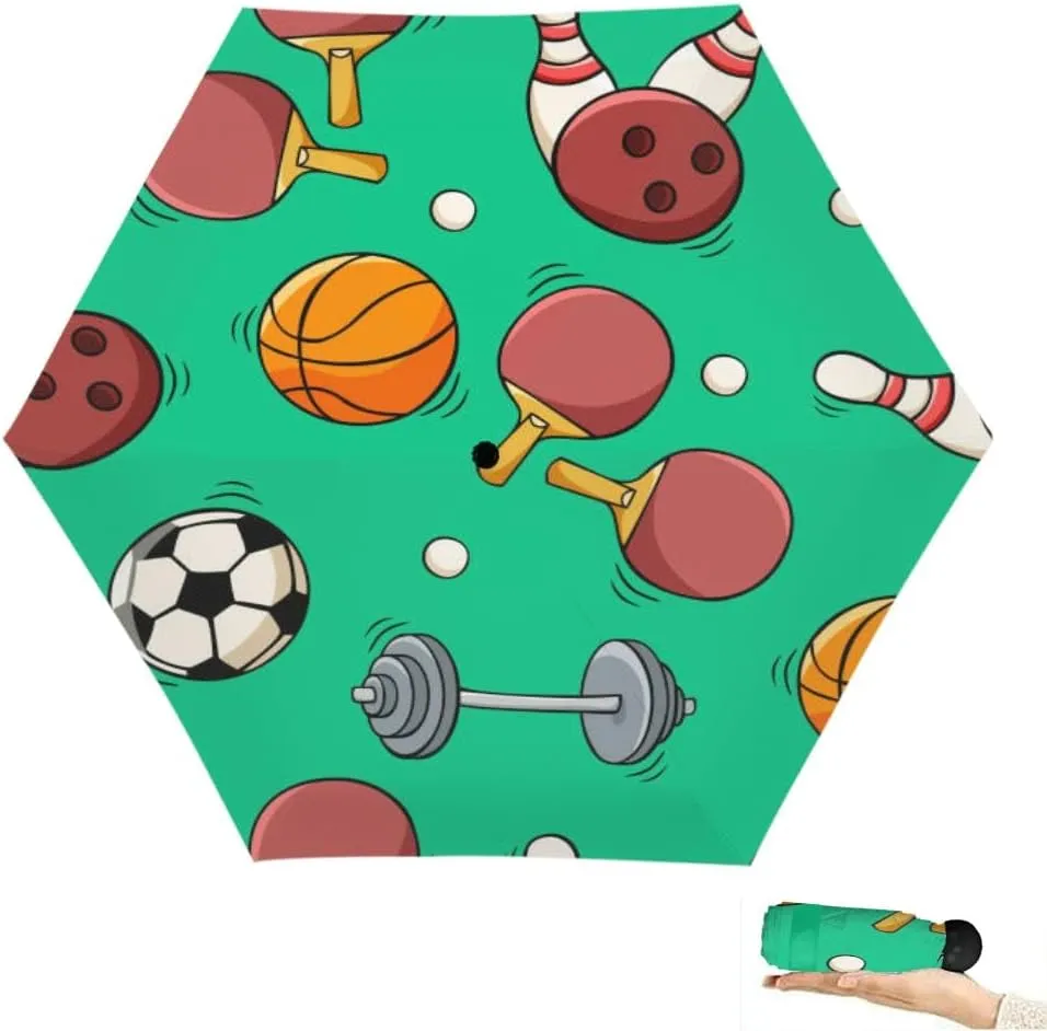 Travel Umbrella for Rain Windproof Hand drawn ping pong rackets and ball dumbbell bowling ball and pins Cute Portable Compact Mini Umbrella for Women Purse Backpack Car Black Sun UV Protection