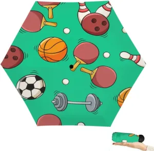 Travel Umbrella for Rain Windproof Hand drawn ping pong rackets and ball dumbbell bowling ball and pins Cute Portable Compact Mini Umbrella for Women Purse Backpack Car Black Sun UV Protection