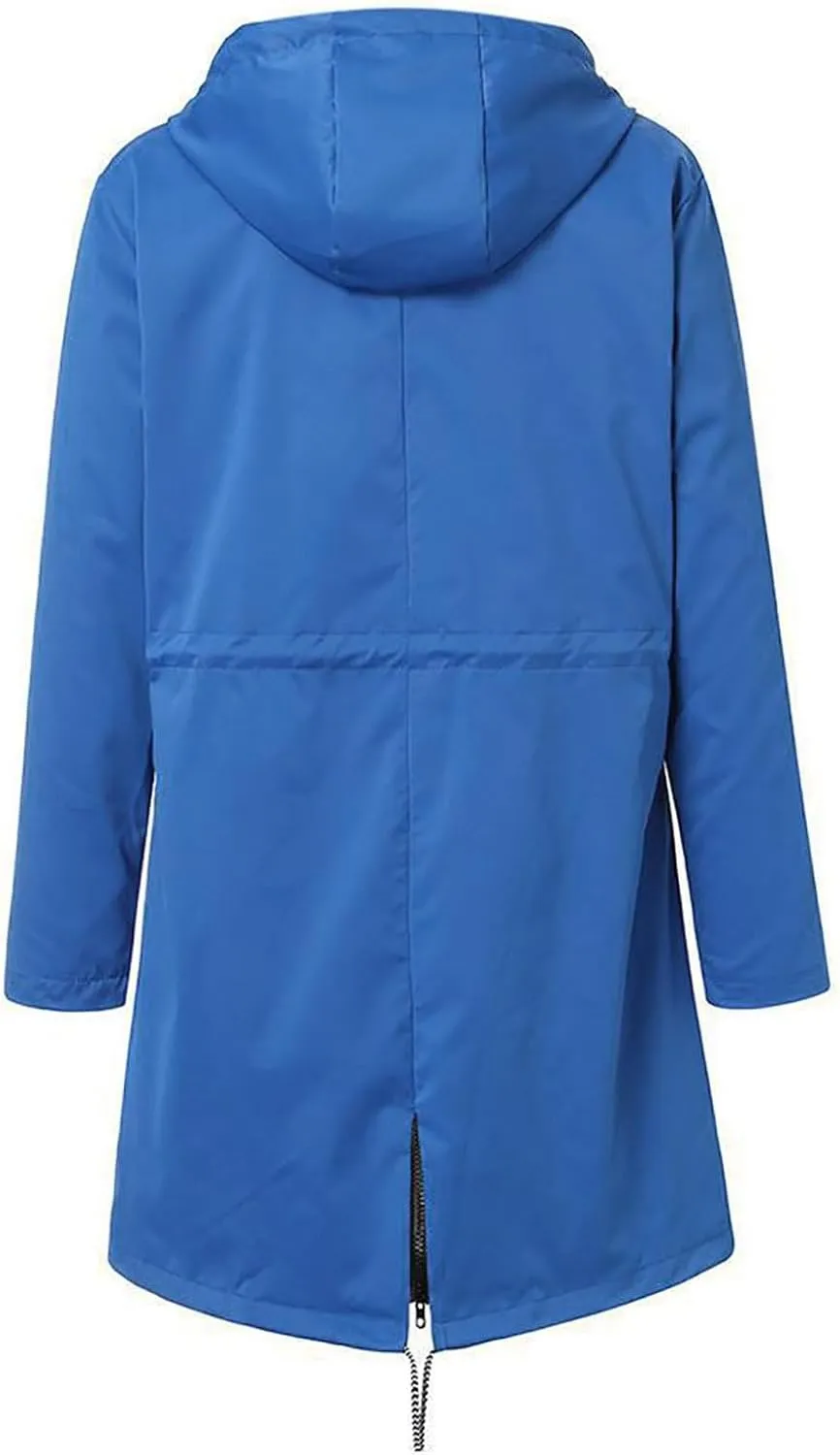 Trench Coat Women Mid Length Zip Up Windproof Rain Jacket Hooded Drawstring Waterproof Jacket with Zipper Pockets
