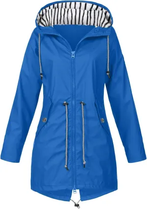 Trench Coat Women Mid Length Zip Up Windproof Rain Jacket Hooded Drawstring Waterproof Jacket with Zipper Pockets