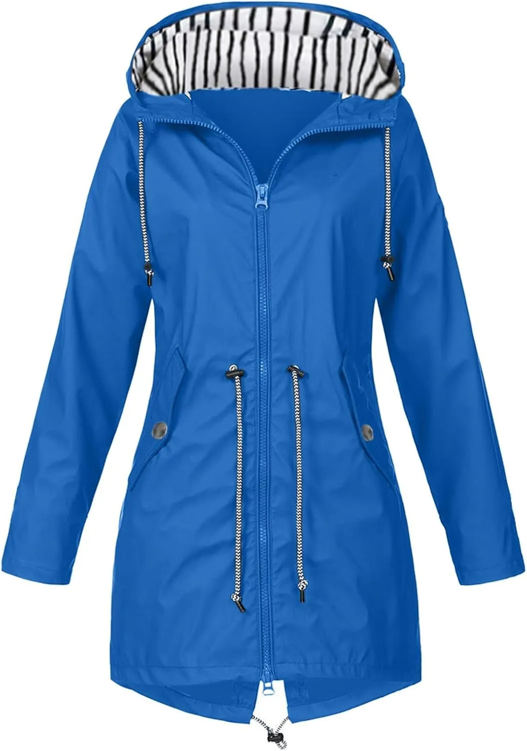 Trench Coat Women Mid Length Zip Up Windproof Rain Jacket Hooded Drawstring Waterproof Jacket with Zipper Pockets