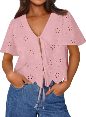 Trendy Queen Womens Tie Front Tops Summer Beach Vacation 2025 Fashion Outfits Short Sleeve Blouses Eyelet Embroidered Clothes