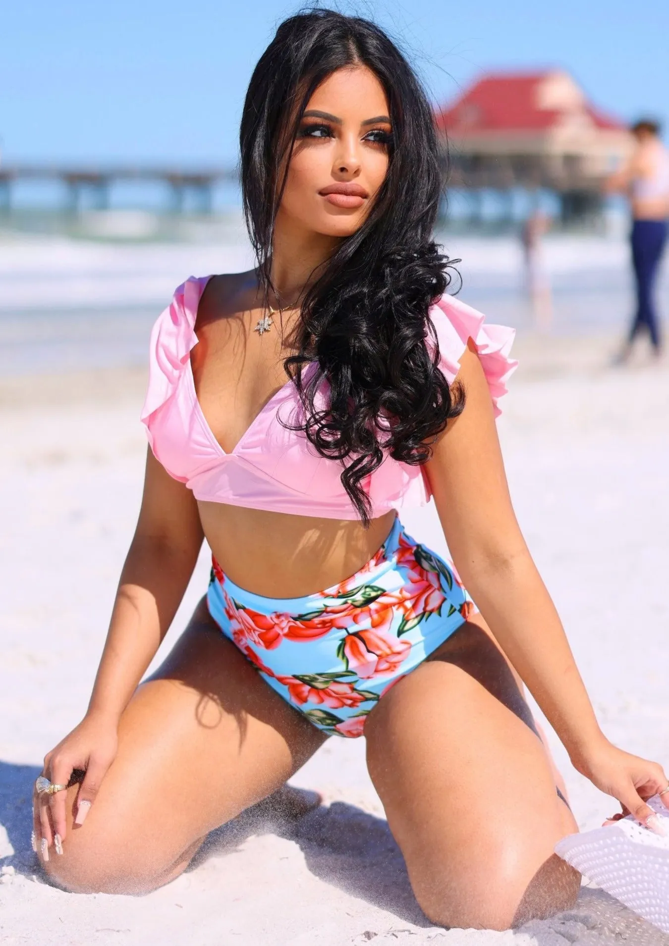 Tropical Ruffled Two Piece Bikini Sets - Olive | Pink