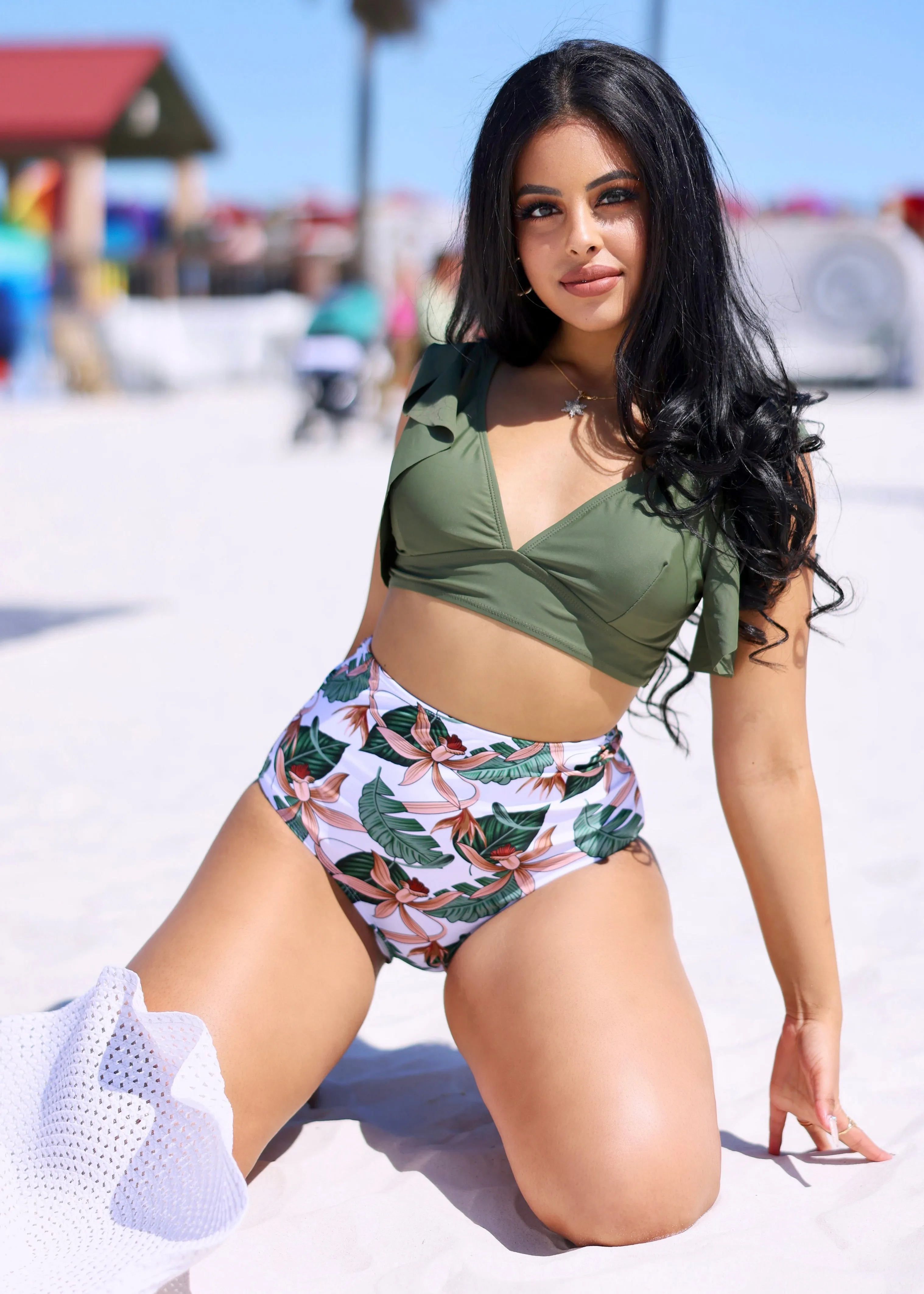 Tropical Ruffled Two Piece Bikini Sets - Olive | Pink