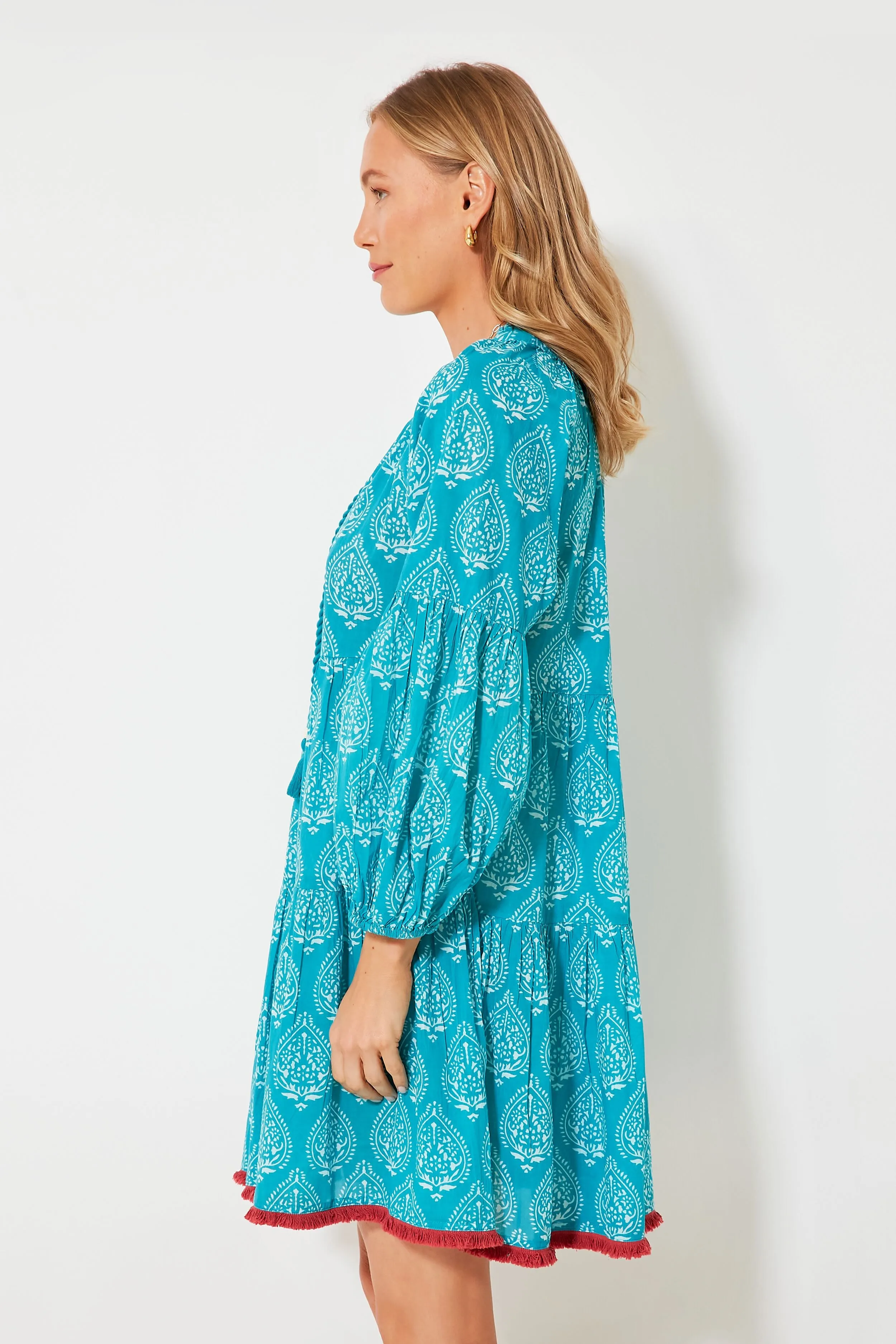 Tropical Teal Lantern Block Print Tie Neck Coverup