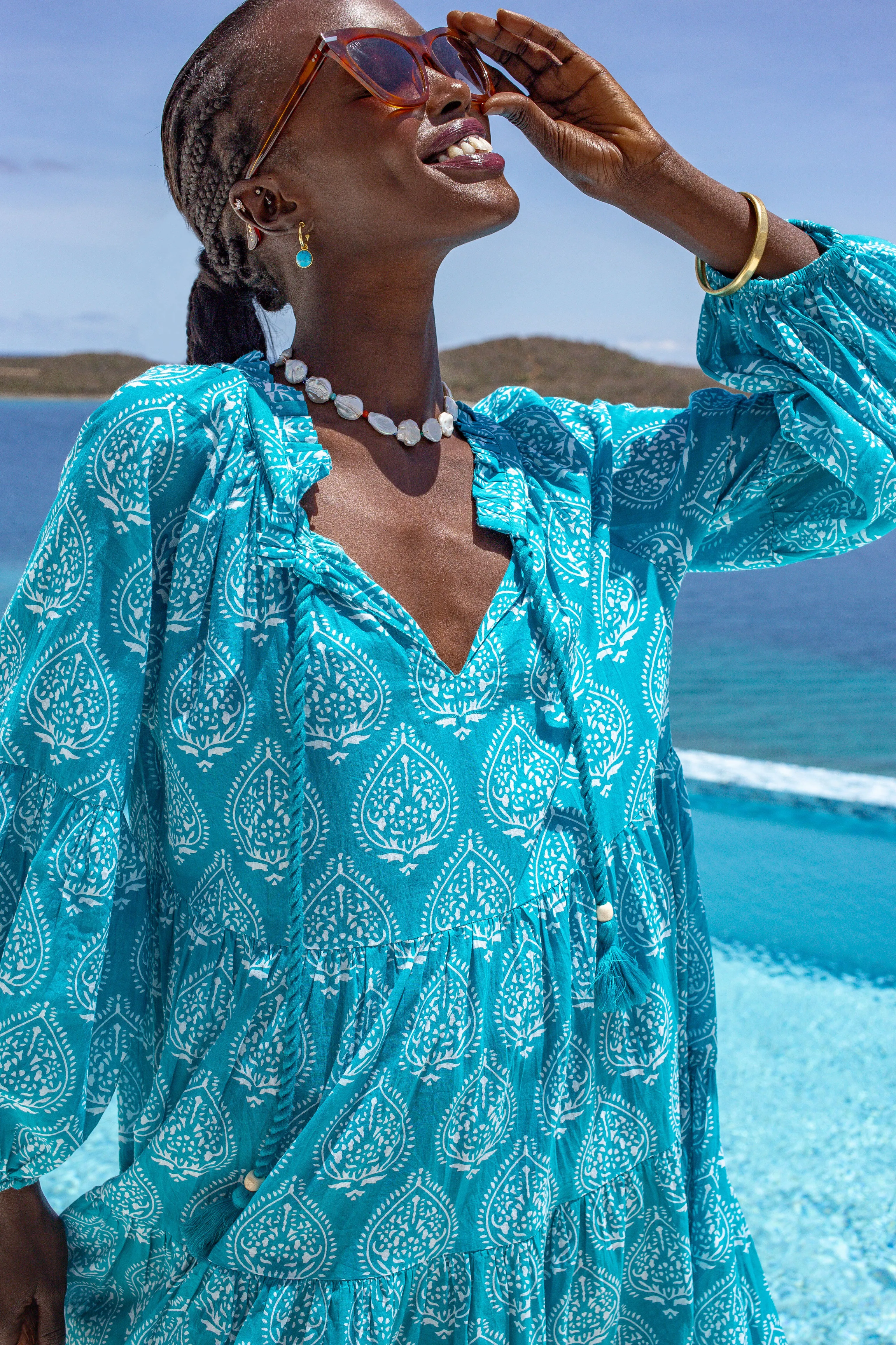 Tropical Teal Lantern Block Print Tie Neck Coverup