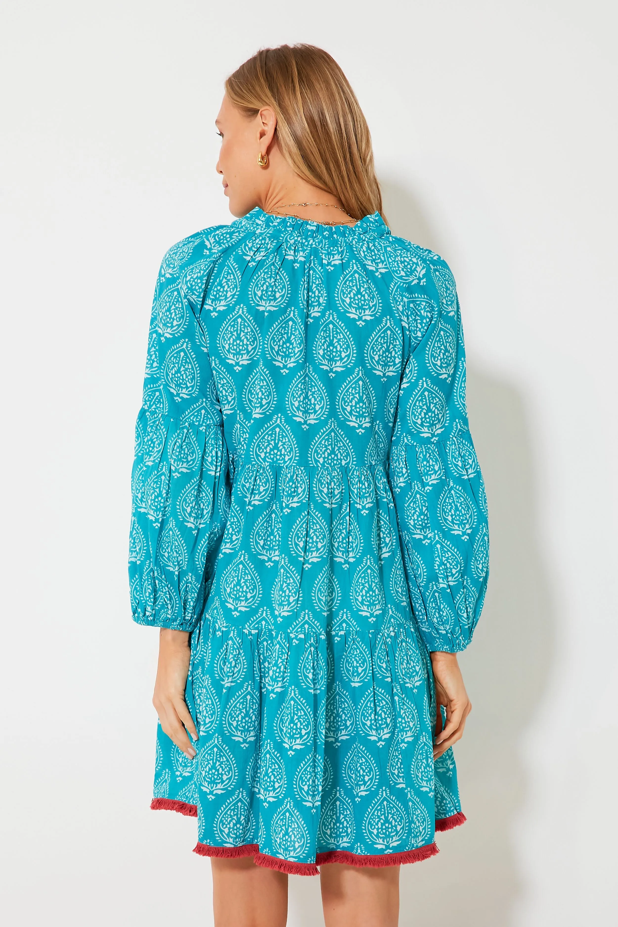 Tropical Teal Lantern Block Print Tie Neck Coverup