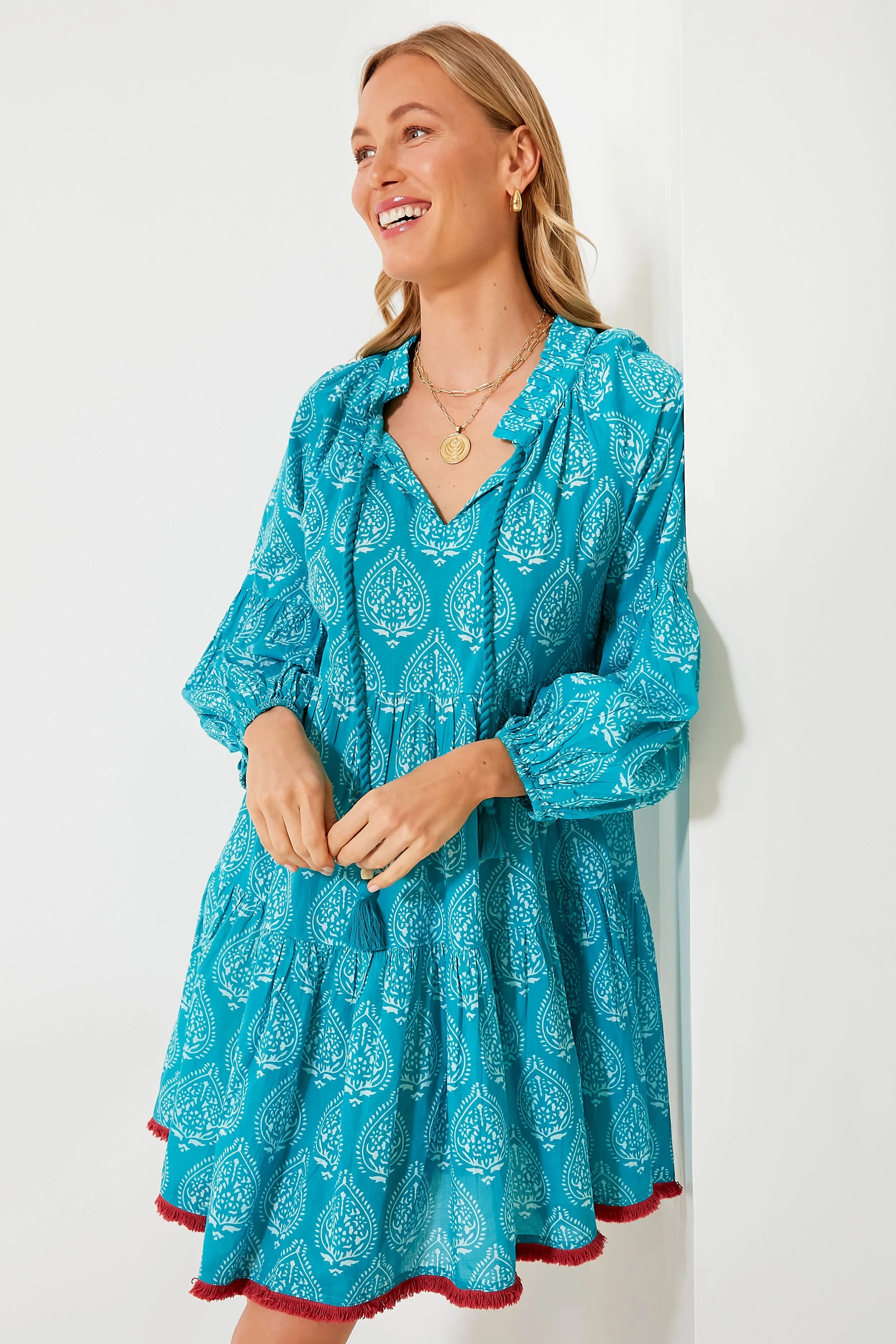 Tropical Teal Lantern Block Print Tie Neck Coverup