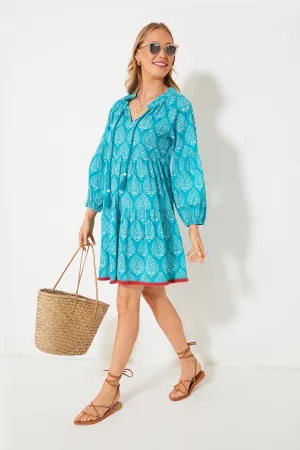 Tropical Teal Lantern Block Print Tie Neck Coverup