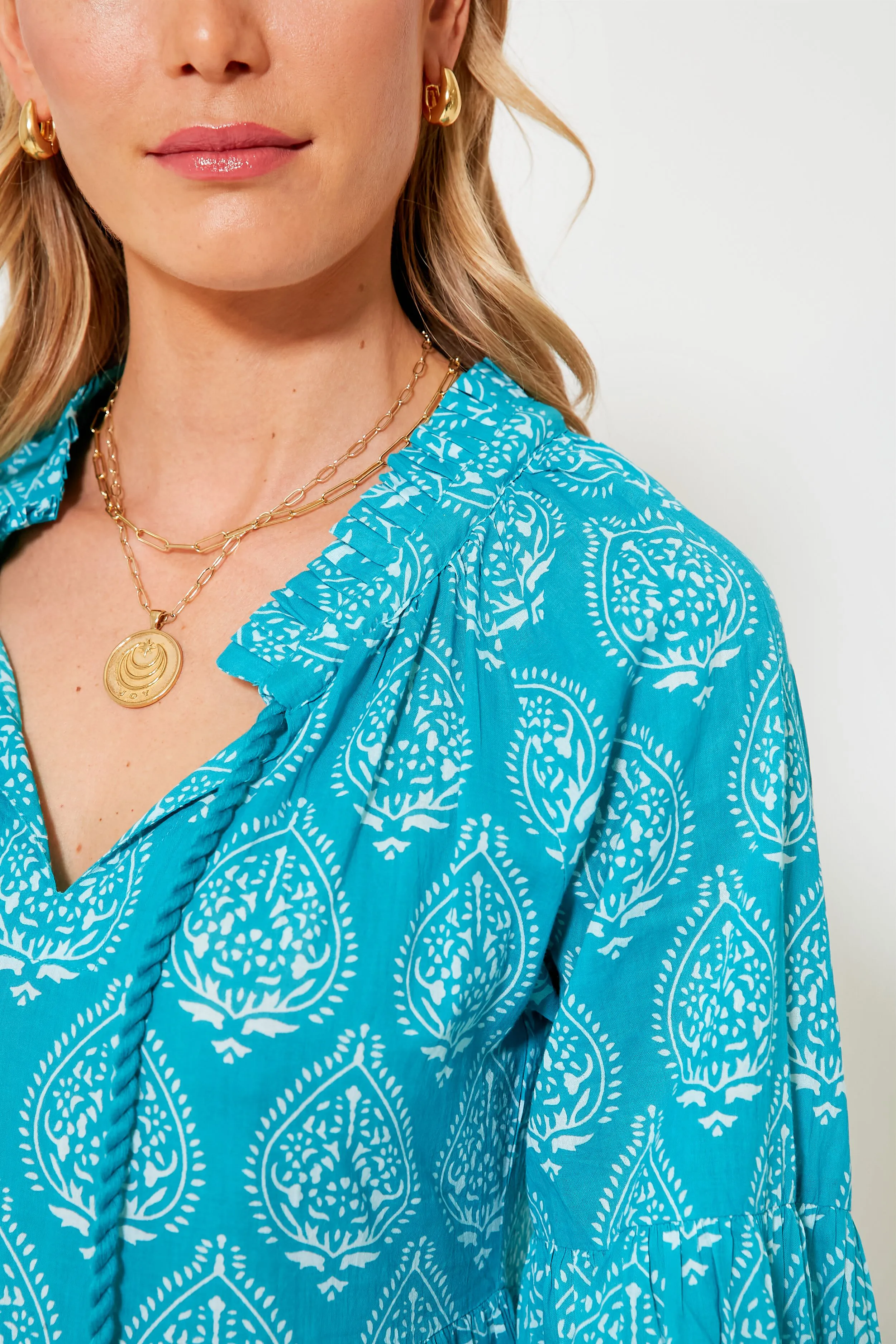 Tropical Teal Lantern Block Print Tie Neck Coverup