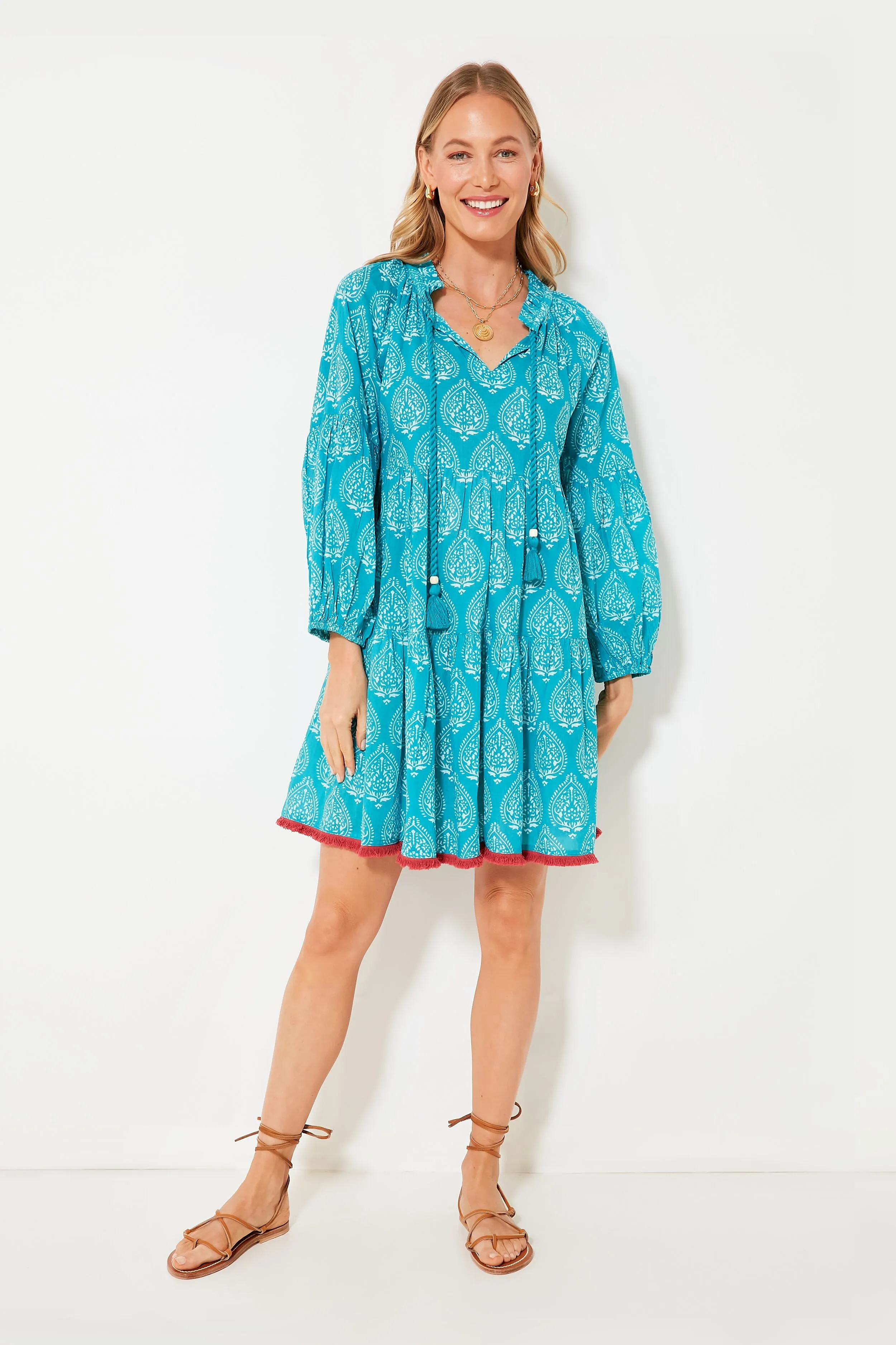 Tropical Teal Lantern Block Print Tie Neck Coverup