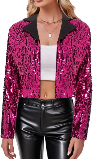 TYNORA Womens Sequin Jackets Long Sleeve Open Front Coat Glitter Short Blazer Casual Coat Party Club