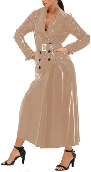 Unisex Shiny PVC Lapel Collar Long Trench Glossy Leather Long Sleeve Coat Party Button-Front Belt Trench