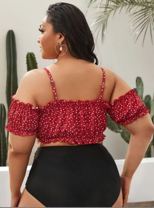 Upopby Polka Dot Print Bandeau Short Sleeve High Waist Bikini