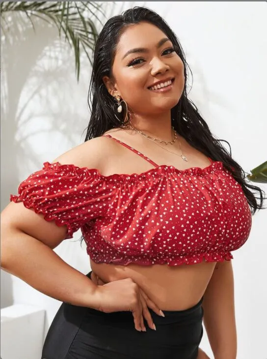 Upopby Polka Dot Print Bandeau Short Sleeve High Waist Bikini