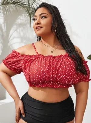 Upopby Polka Dot Print Bandeau Short Sleeve High Waist Bikini