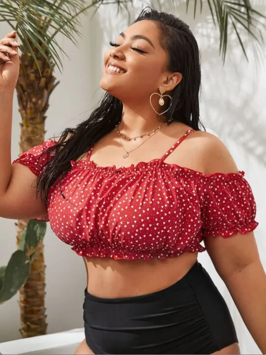 Upopby Polka Dot Print Bandeau Short Sleeve High Waist Bikini