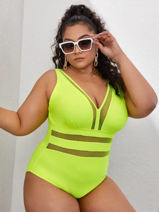 Upopby Solid Translucent Hollow One-Piece Swimsuit