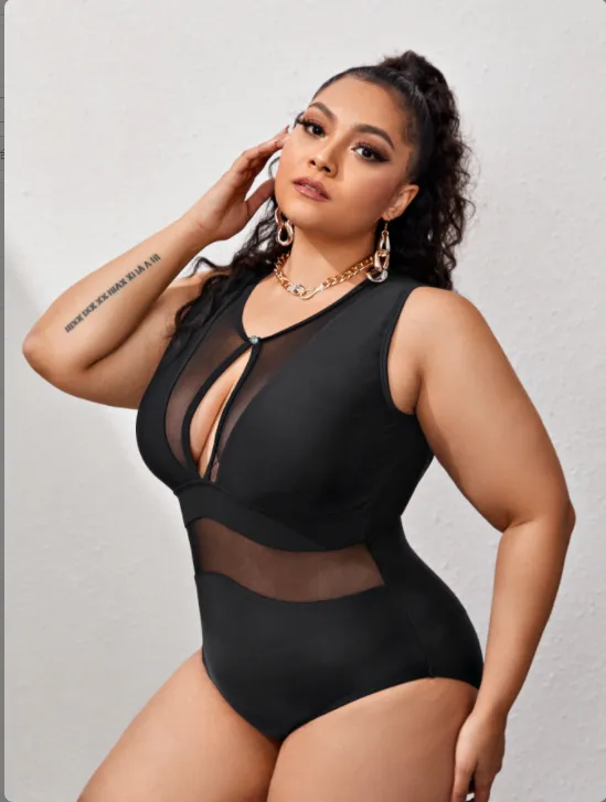 Upopby Solid Translucent Hollow One-Piece Swimsuit