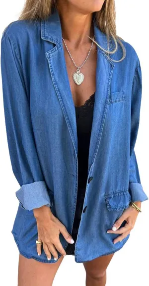 utcoco Denim Jackets for Women Casual Button V Neck Oversized Jean Jacket Western 2024 Fall Shacket