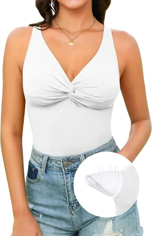 V FOR CITY Ribbed Tank Top for Women with Built-in Bra Adjustable Straps Camisole V Neck Camis S-XL