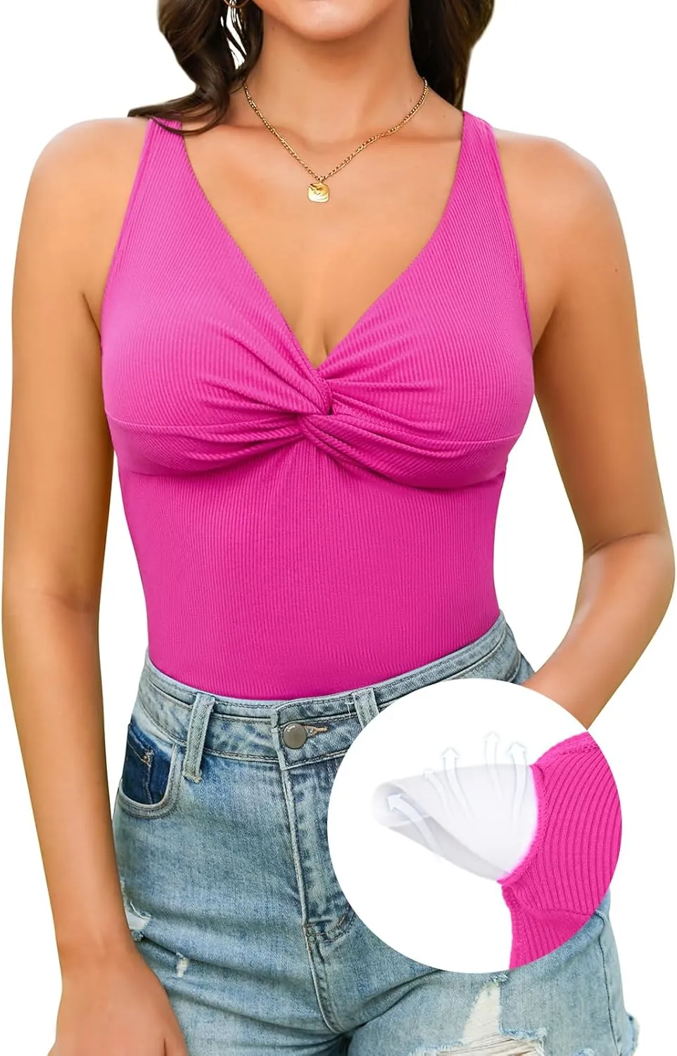 V FOR CITY Ribbed Tank Top for Women with Built-in Bra Adjustable Straps Camisole V Neck Camis S-XL
