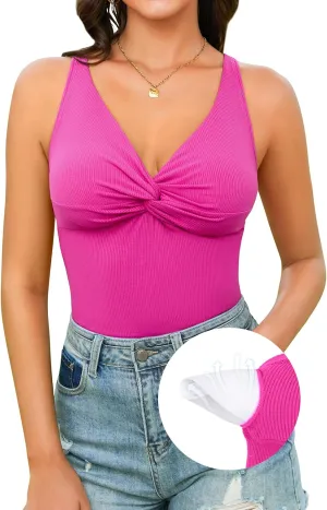 V FOR CITY Ribbed Tank Top for Women with Built-in Bra Adjustable Straps Camisole V Neck Camis S-XL