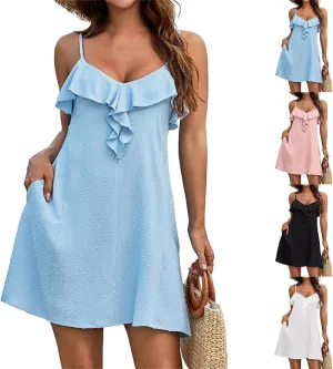 Vacation Dresses for Women 2025 Swiss Dot Beach Coverup Spaghetti Strap Ruffle Mini Dress Summer Sundress with Pocket